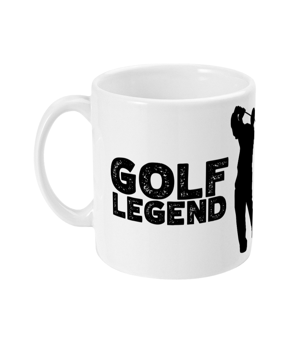 White ceramic mug with bold 'GOLF LEGEND' text and golfer graphic