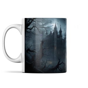 Mysterious gothic castle scene ceramic mug with stormy sky and twisted tree branches design