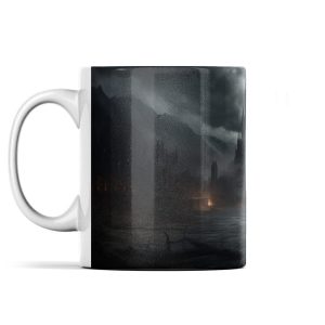 Dark and atmospheric gothic scene ceramic mug with misty landscape and haunting fires, white handle contrasting the design.
