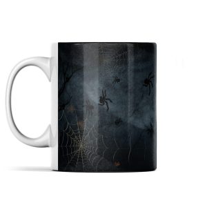 Dark mug with intricate cobwebs and spiders design in shades of grey and orange