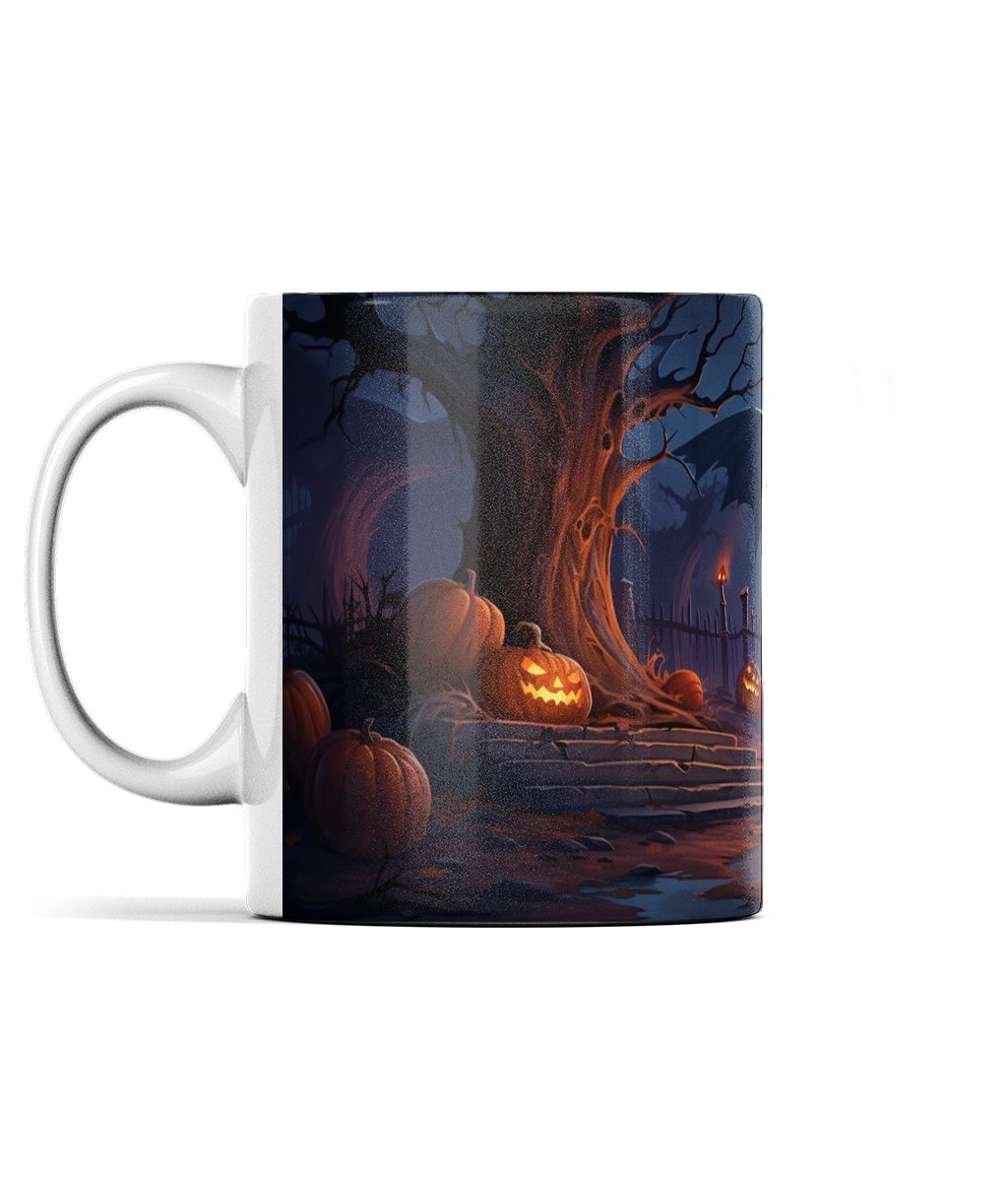 Halloween-themed ceramic mug with spooky graveyard design and jack-o'-lanterns under a twisted tree
