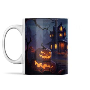 Spooky Halloween-themed mug featuring a glowing jack-o'-lantern, haunted house, and bats under a dark sky