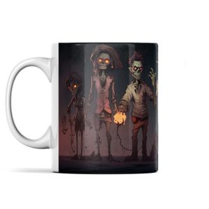 Stylish ceramic mug featuring three glow-eyed zombie figures in a spooky setting