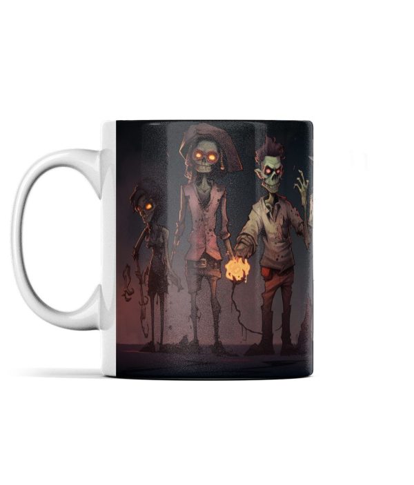 Stylish ceramic mug featuring three glow-eyed zombie figures in a spooky setting