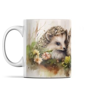 Vibrant watercolour graphic of a hedgehog family amid nature on a white ceramic mug