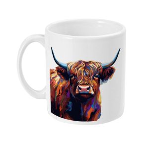 Vibrant pop art Highland cow mug in bold orange, blue, and purple colours