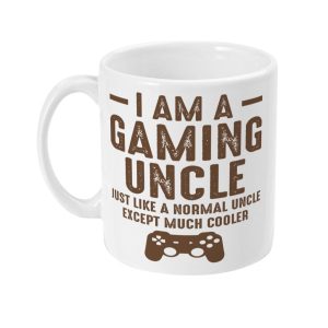 White ceramic mug with 'I AM A GAMING UNCLE' and 'JUST LIKE A NORMAL UNCLE EXCEPT MUCH COOLER' bold text, featuring a video game controller graphic.
