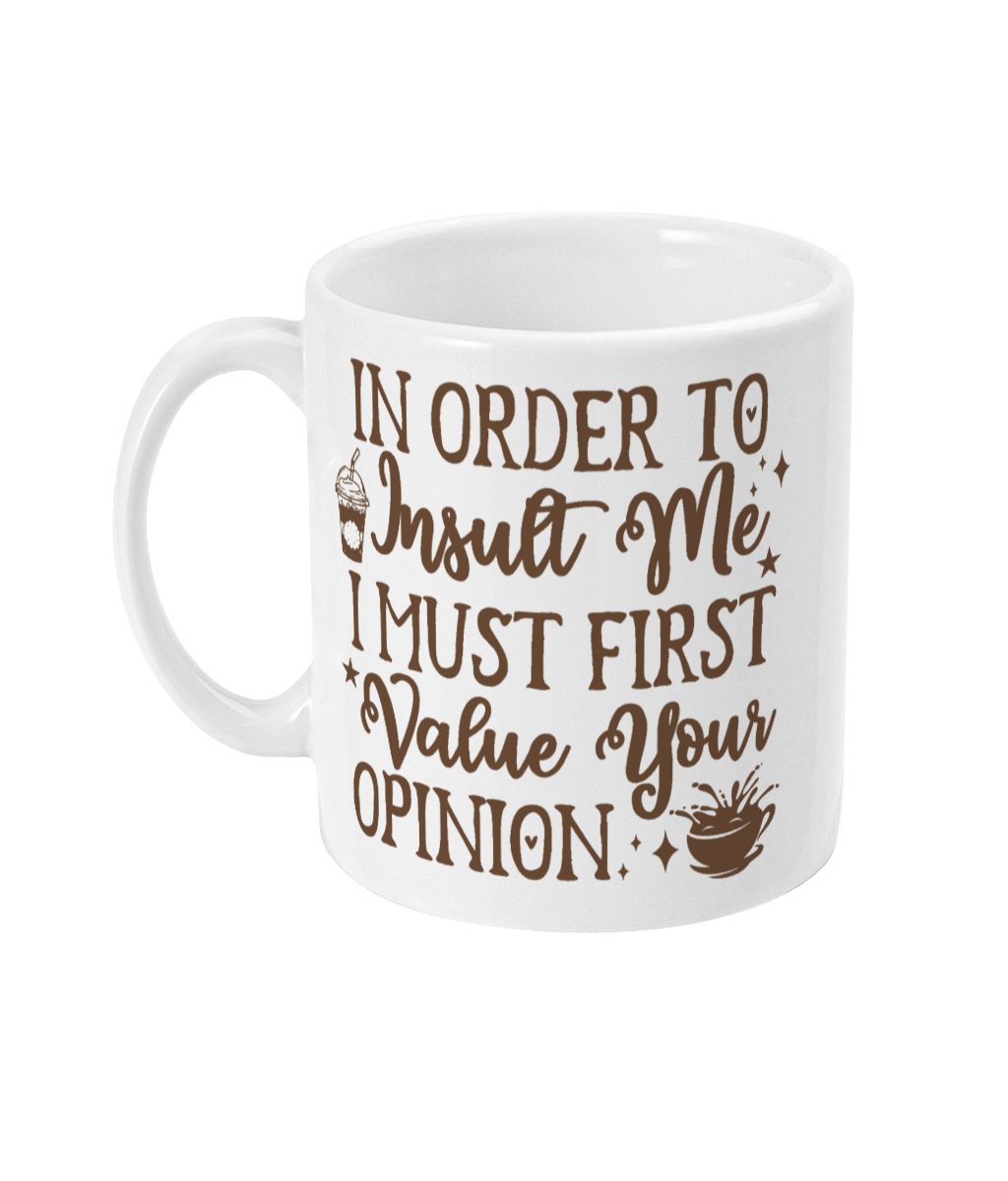Funny Work Mug with comical quote surrounded by cupcake and coffee cup illustrations