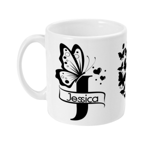 Personalised Letter J Monogram Butterfly Mug with 'Jessica' inscription on black design