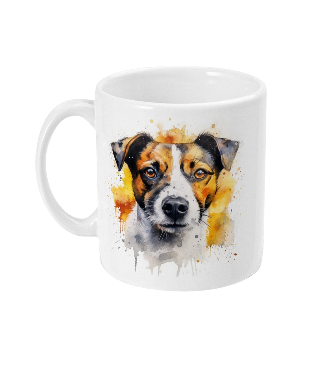 White ceramic mug with detailed watercolor Jack Russell Terrier face print in orange and brown splashes.