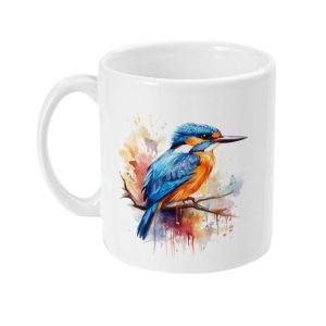 Colorful Kingfisher bird perched on a branch in a vibrant watercolor style mug