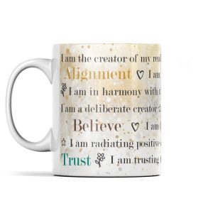 Vintage-inspired ceramic mug with motivational phrases and symbols in black and green on an off-white background.