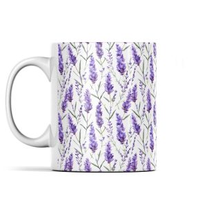 White ceramic mug with watercolour lavender floral pattern in shades of purple and green.