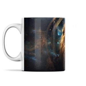 Majestic Leo zodiac-themed ceramic mug with intricate celestial graphic design