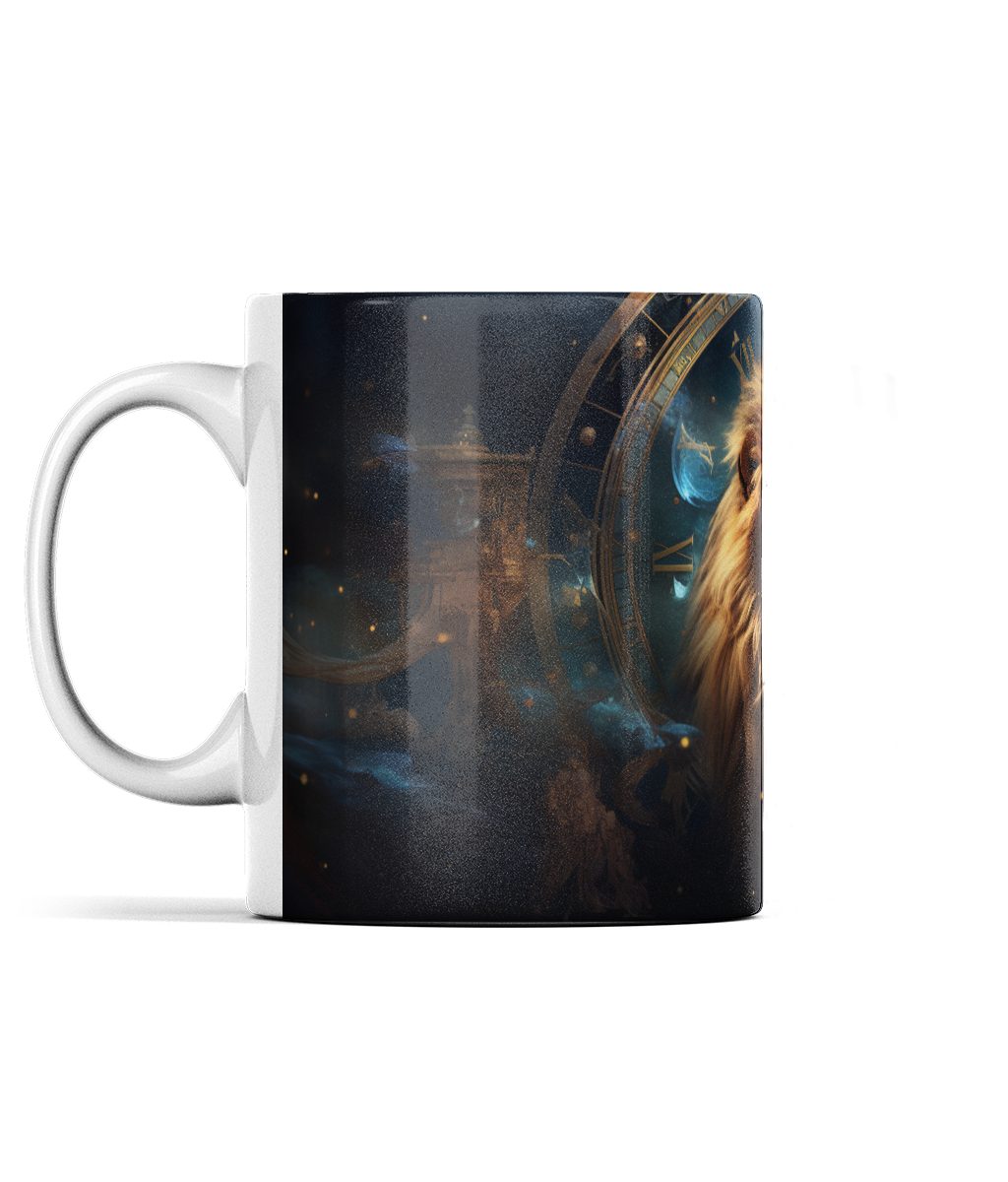 Majestic Leo zodiac-themed ceramic mug with intricate celestial graphic design