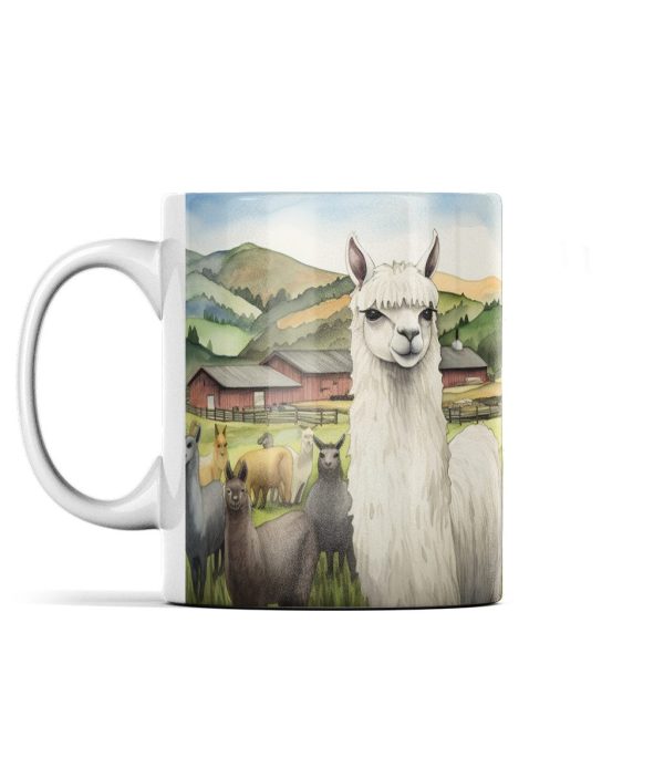 Panoramic mug featuring colourful llamas on a serene farm landscape