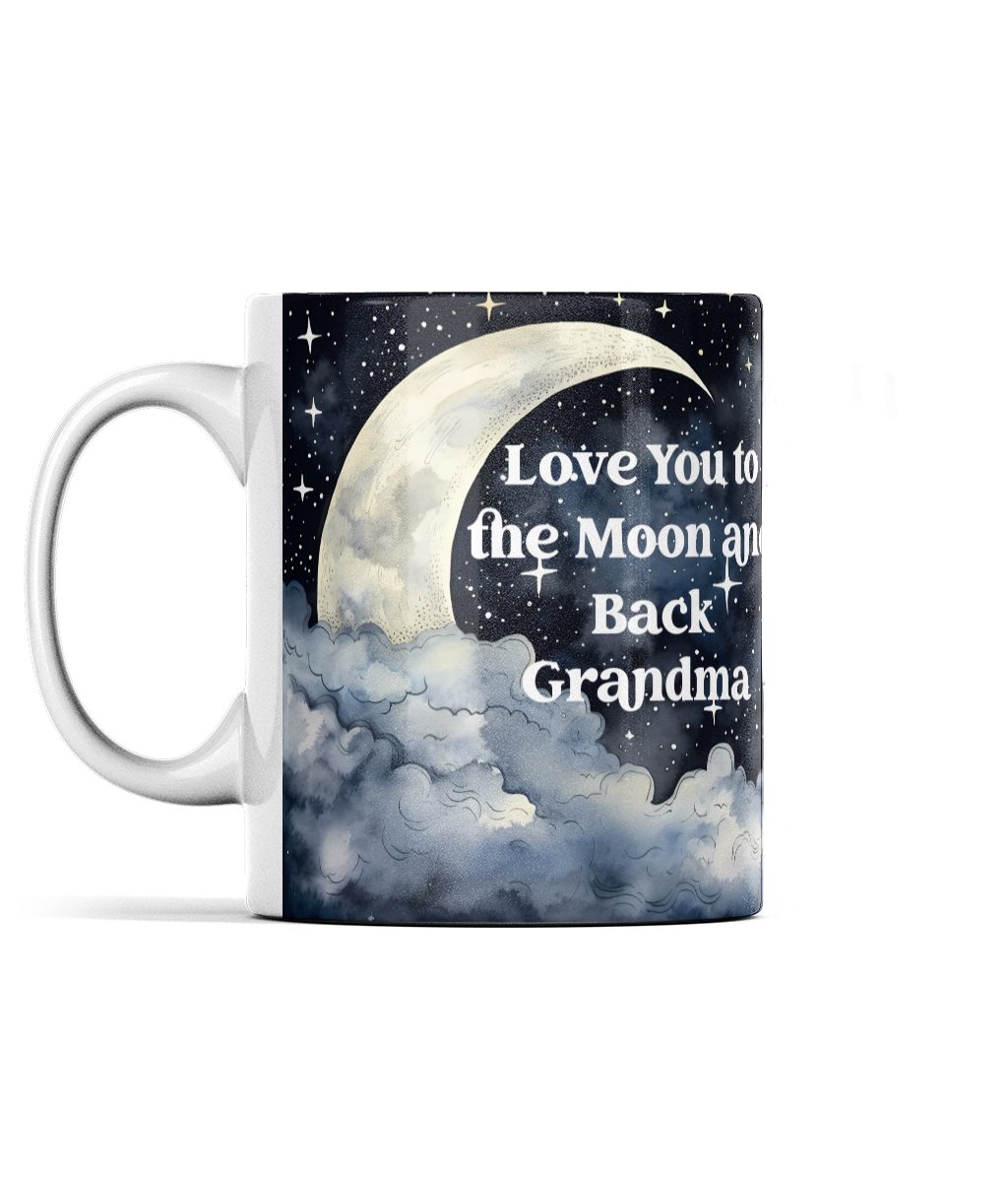 Celestial-themed mug with moon, stars, and 'Love You to the Moon and Back Grandma' text