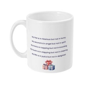 White ceramic Puzzle Enthusiast's Happy Birthday Mug with intricate word puzzle design and colorful gift box graphics.