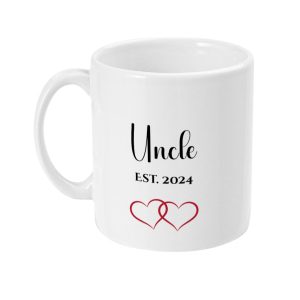 White ceramic mug with black 'Uncle EST. 2024' script and red intertwined hearts design.