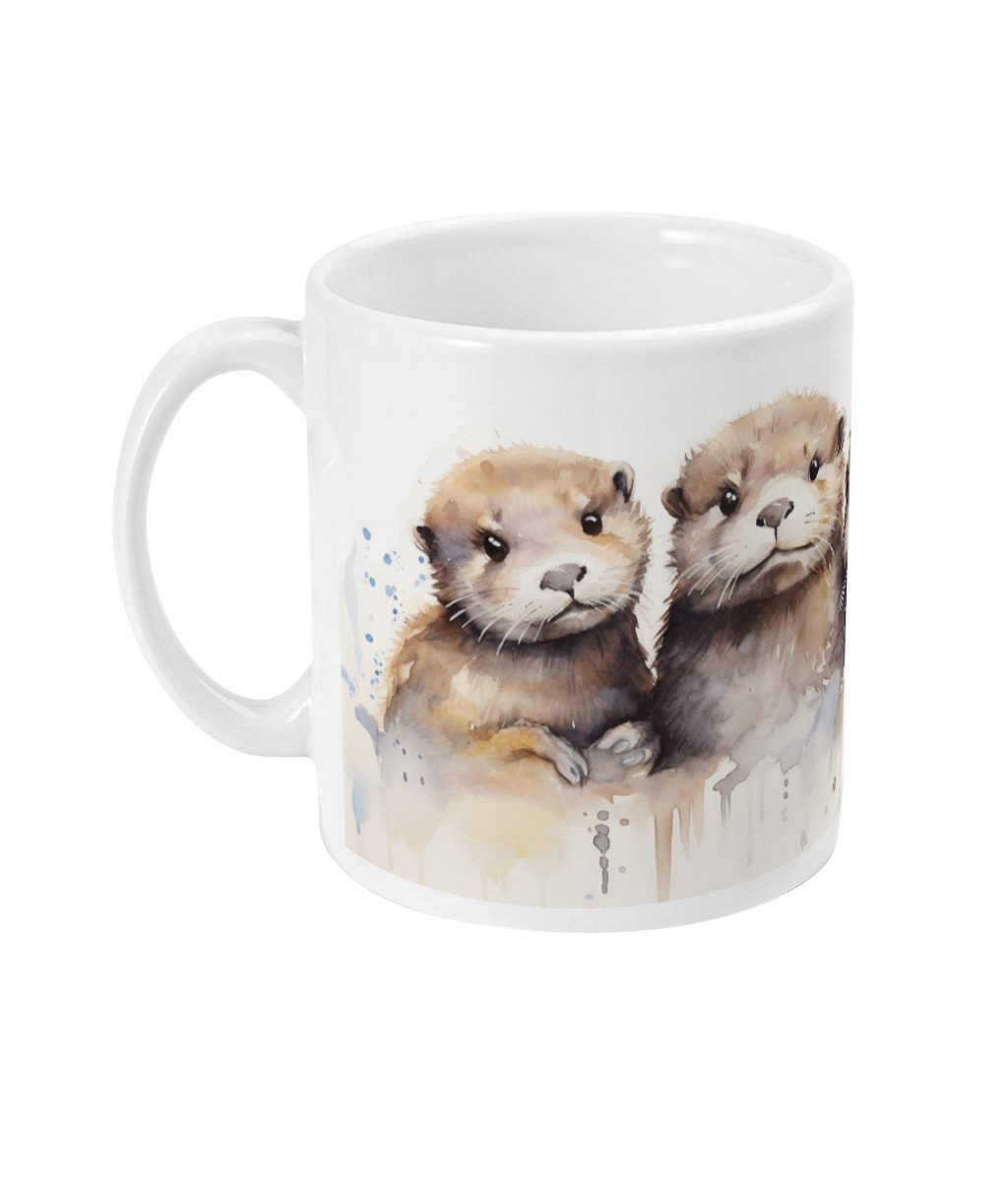 Colourful ceramic mug featuring a detailed graphic of two playful otters on a white background with watercolour splashes.