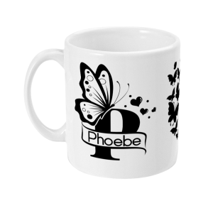 White ceramic mug with elegant black butterfly and heart design, featuring the name 'Phoebe' in script inside a banner.