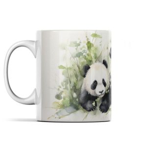 White ceramic mug featuring a watercolor-style panda among lush green foliage.