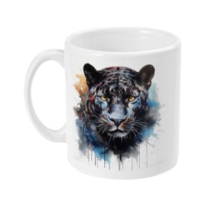 Vibrant watercolour jaguar face on white ceramic coffee mug