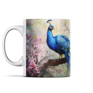 Vibrant peacock perched on a blossoming tree branch in an enchanting landscape mug