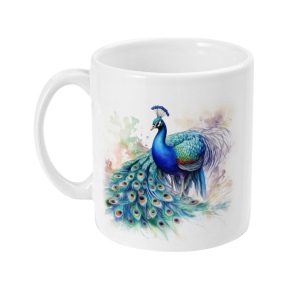 White ceramic mug with a detailed, colorful graphic of a peacock spreading its feathers in shades of blue, green, and multi-colours, surrounded by soft watercolor-like splashes.