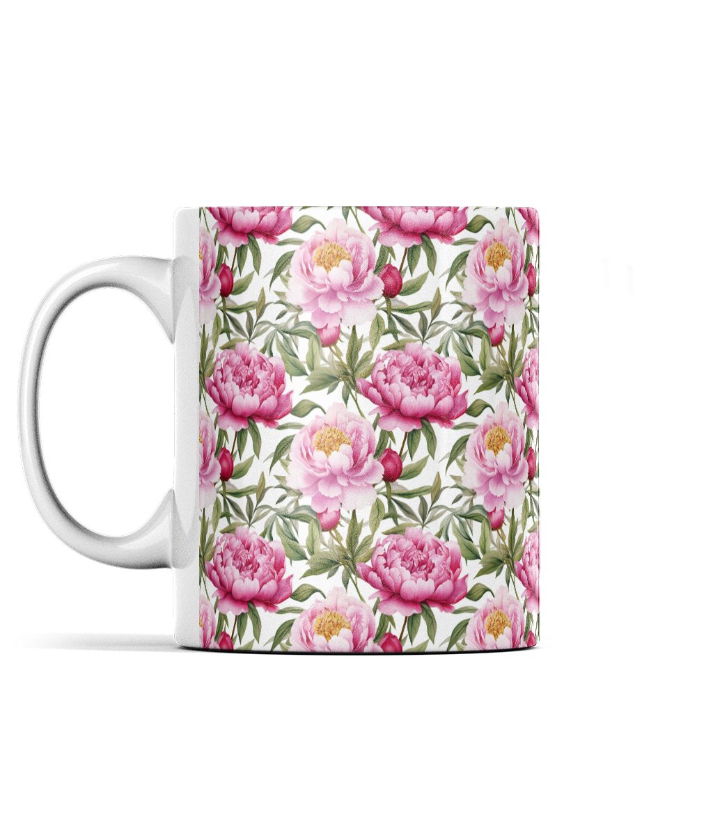 Vibrant pink peonies and green leaves floral print ceramic mug