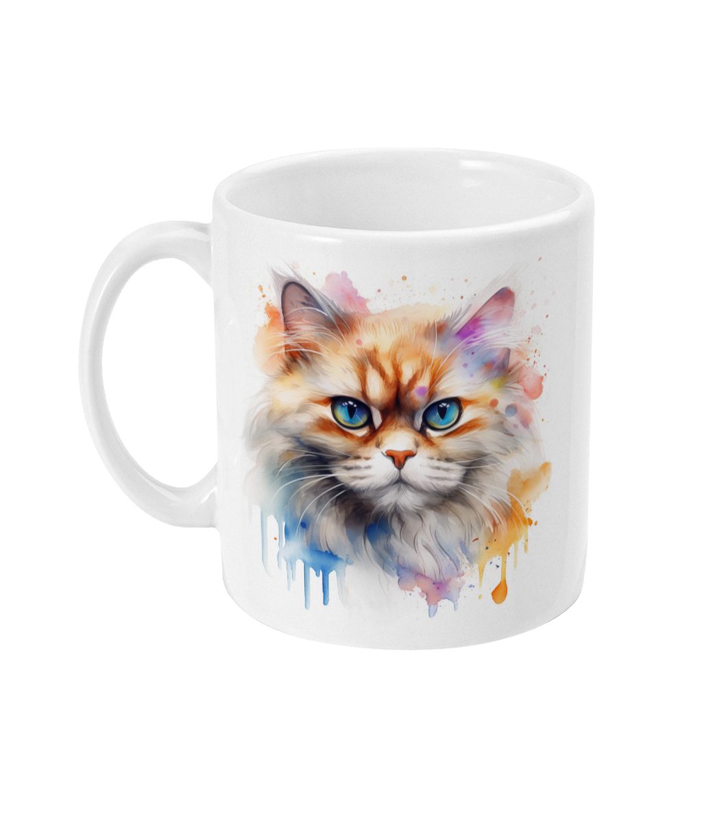 White ceramic mug featuring a vibrant watercolor-style Persian cat face with blue eyes and splashes of pink, blue, and orange.