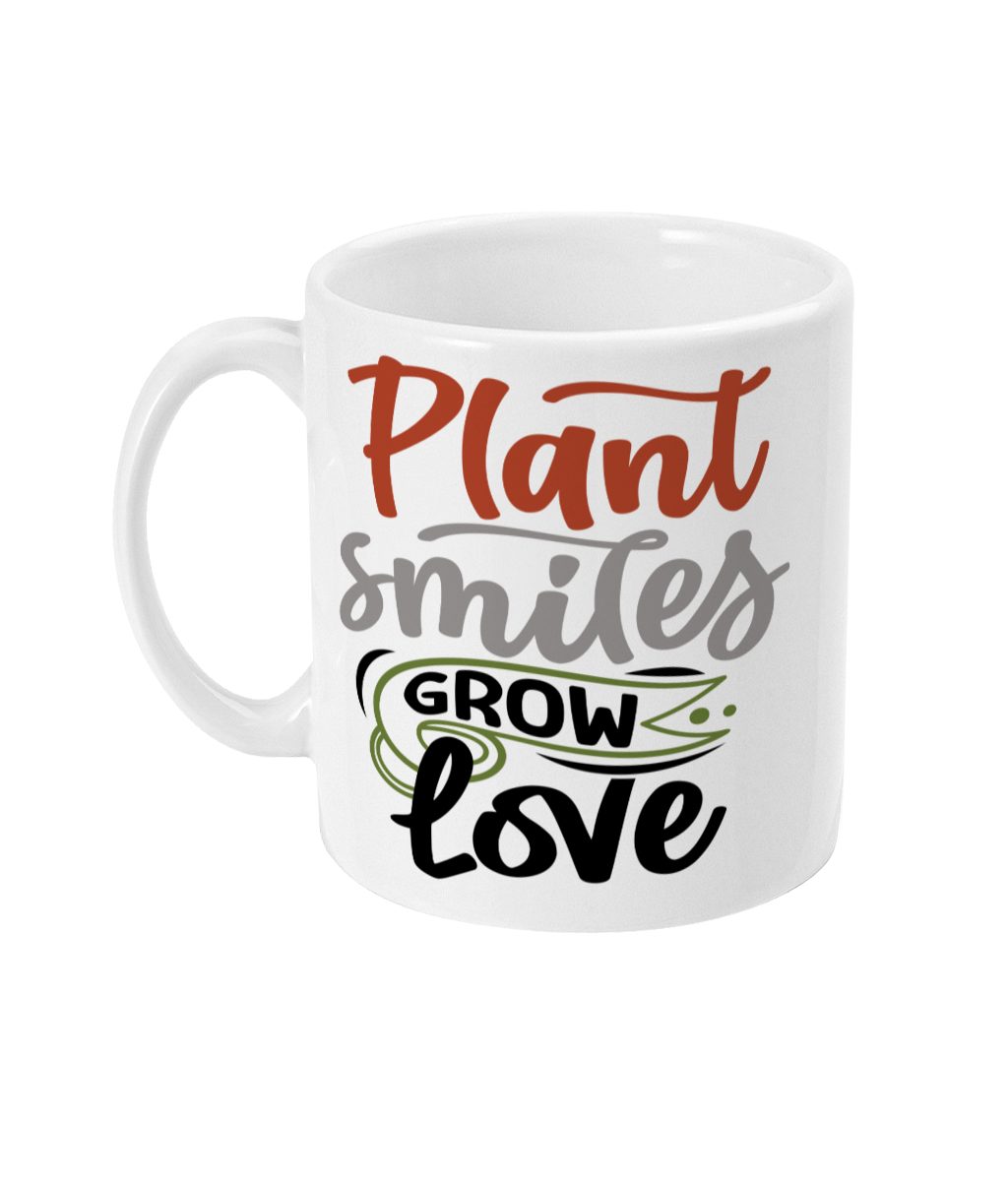 White Gardener's Mug with colourful typography 'Plant smiles Grow Love' and leafy graphic