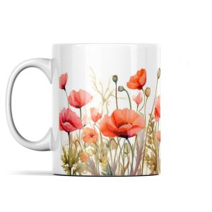 White ceramic coffee mug with vibrant red poppies and greenery design