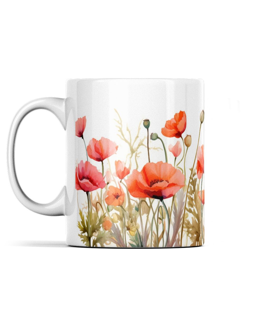 White ceramic coffee mug with vibrant red poppies and greenery design