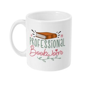 Playful white ceramic mug with colourful 'Professional Bookworm' text and book graphic design