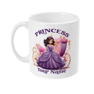 White glossy mug with princess in lavender dress and carriage, 'PRINCESS' above and 'Your Name' below for personalization. Ideal for young princess enthusiasts.
