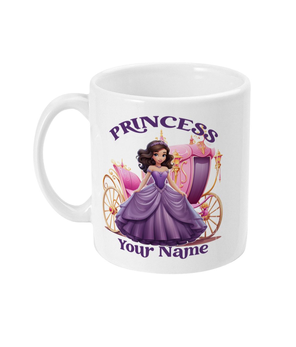 White glossy mug with princess in lavender dress and carriage, 'PRINCESS' above and 'Your Name' below for personalization. Ideal for young princess enthusiasts.