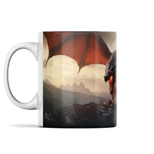 Vivid red dragon ceramic mug with mountainous landscape design