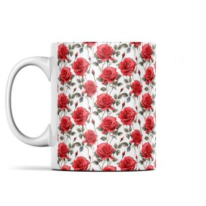 Red roses pattern in watercolours mug with delicate petals and green leaves on white background.
