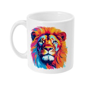Ceramic white coffee mug with vibrant lion face illustration in blue, red, yellow, and orange hues.