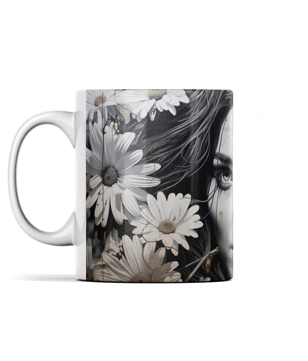 Monochrome ceramic mug featuring woman's face obscured by daisies against dark background.
