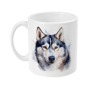 Siberian Husky Watercolour Mug featuring a vibrant husky face with blue eyes and artistic splashes of blue and grey.