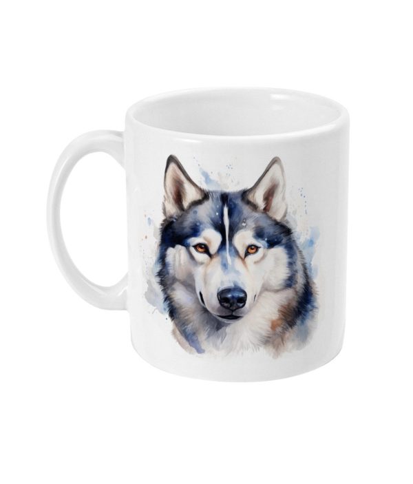 Siberian Husky Watercolour Mug featuring a vibrant husky face with blue eyes and artistic splashes of blue and grey.