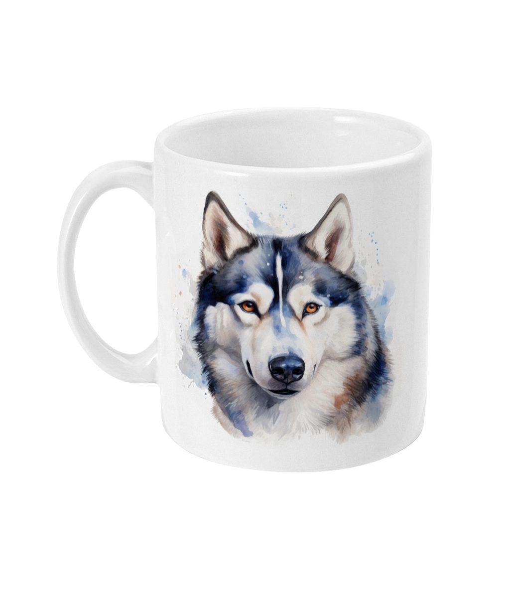 Siberian Husky Watercolour Mug featuring a vibrant husky face with blue eyes and artistic splashes of blue and grey.