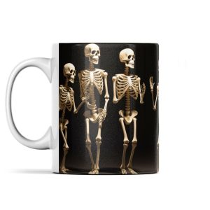 Black ceramic mug featuring a trio of golden skeleton musicians playing instruments.
