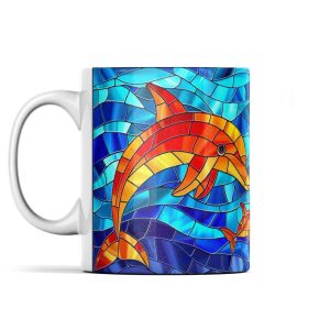 Colorful stained glass dolphins mug with vibrant marine design