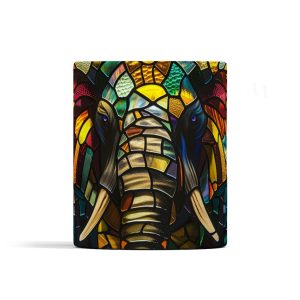Colorful stained glass-style mug featuring two facing elephant heads in rich, dark tones