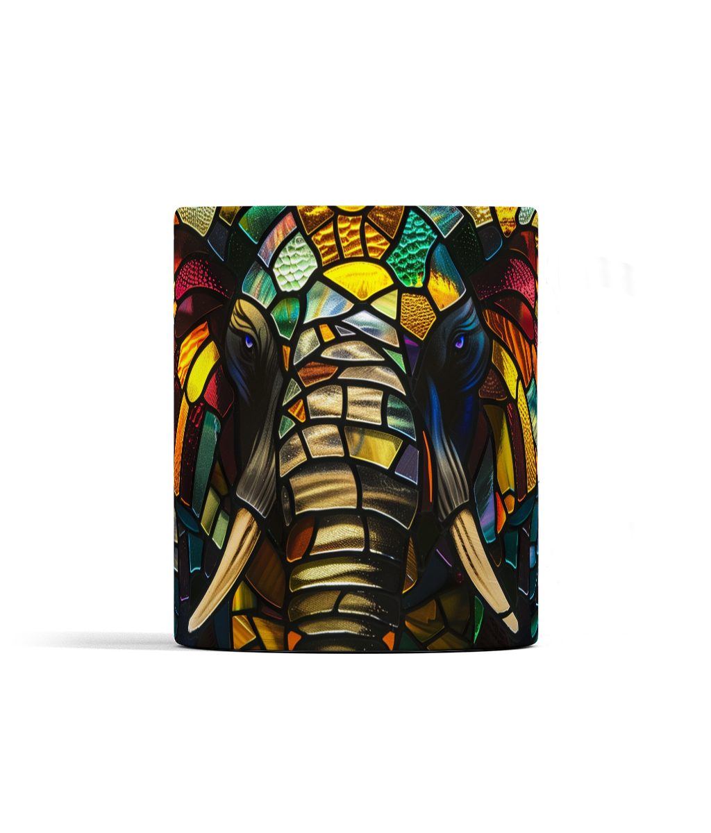 Colorful stained glass-style mug featuring two facing elephant heads in rich, dark tones