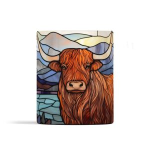 Colorful stained glass Highland cow mug reflecting the beauty of the Scottish highlands.