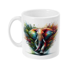 Colourful ceramic mug featuring a vibrant elephant graphic in dynamic shades of blue, red, yellow, and green